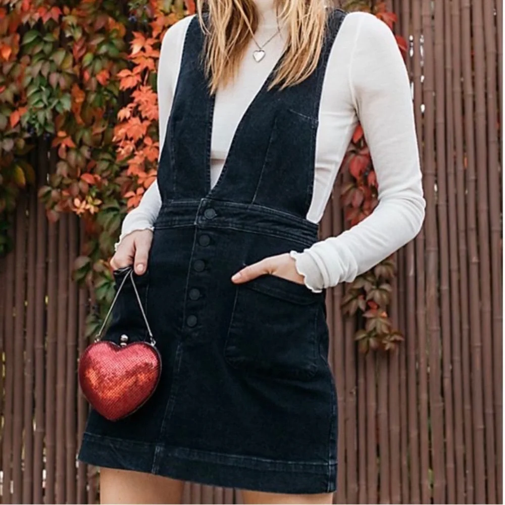 Free People Old School Love Black Wash Denim Mini Dress Overalls Skirtall - Picture 2 of 9